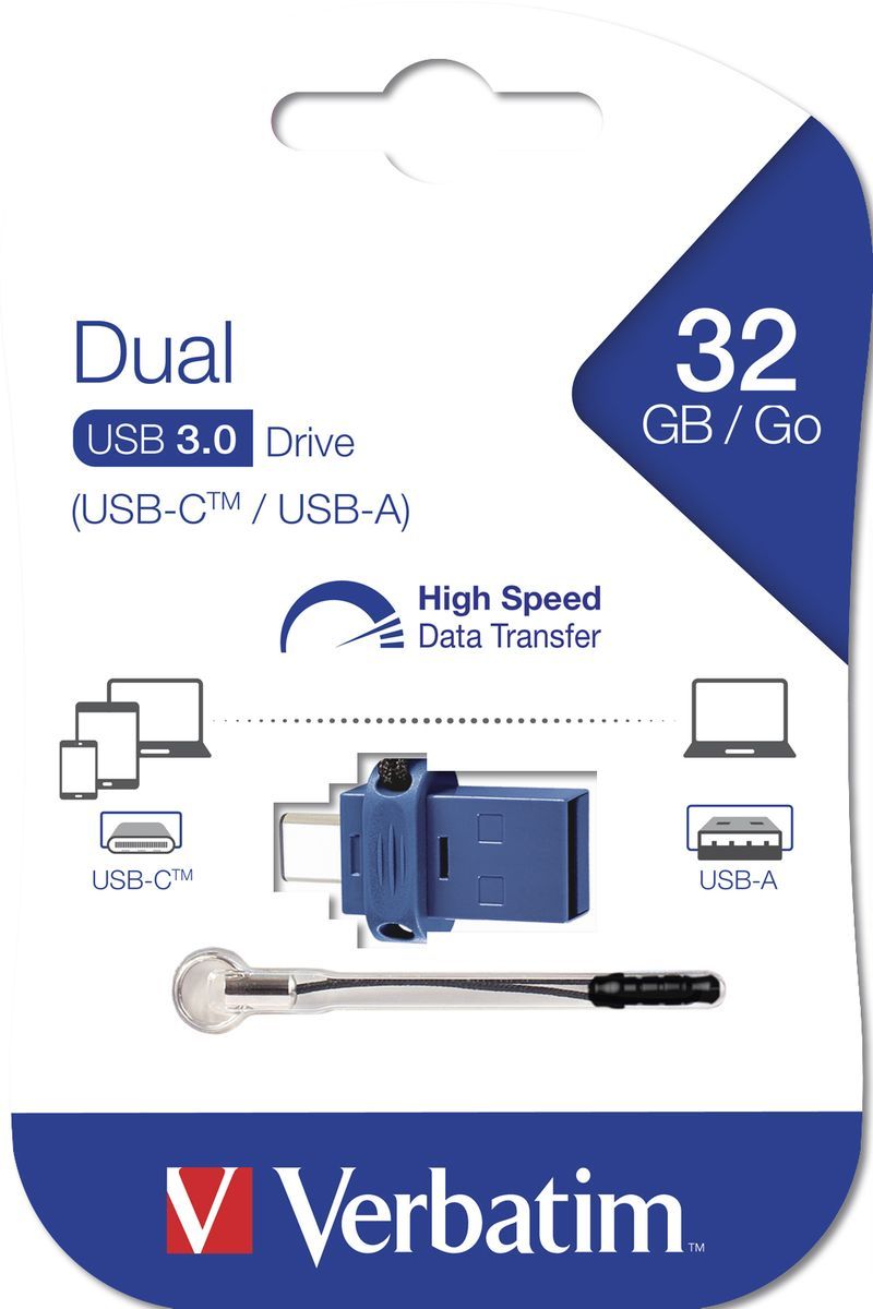 Verbatim Dual - Memoria USB 3.0 da 32 GB - USB-C / USB-A - Blu [49966]