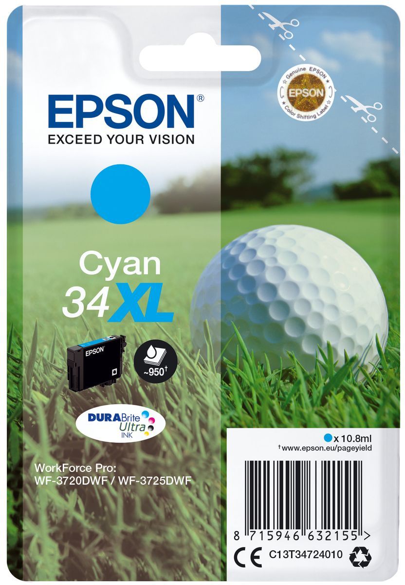 Epson Golf ball Singlepack Cyan 34XL DURABrite Ultra Ink [C13T34724010]