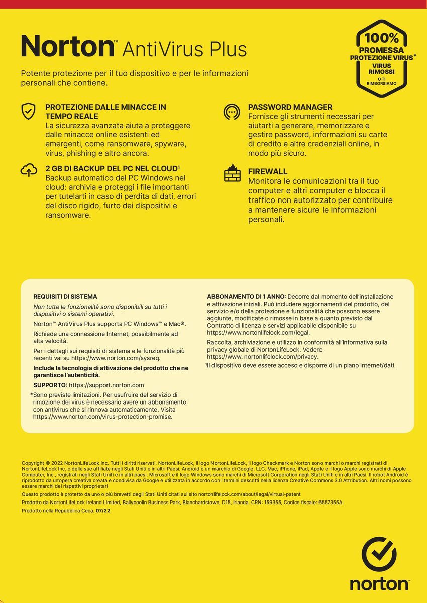 Norton Antivirus Plus 2024 1 Dispositivo Licenza di 1 anno PC o Mac [21429118]