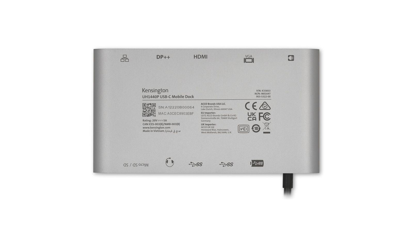 Kensington Docking station portatile senza driver doppia uscita video UH1440P USB-C 5 Gbps  DP/HDMI/VGA [K33853WW]