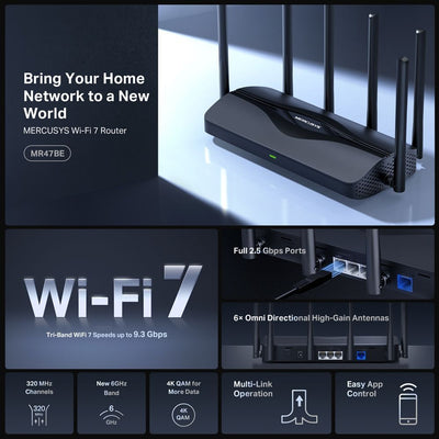 Mercusys MR47BE router wireless 2.5 Gigabit Ethernet Tri-band (2,4 GHz/5 GHz/6 GHz) Nero [MR47BE]