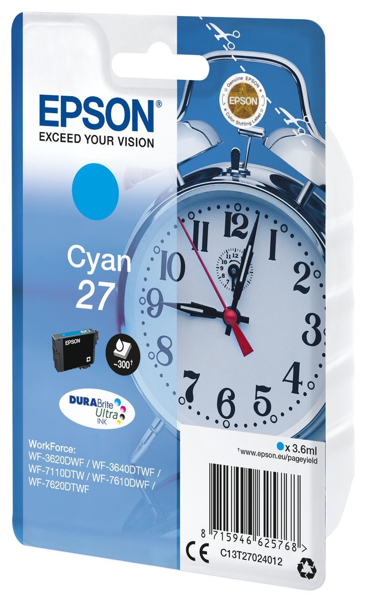 Epson Alarm clock Singlepack Cyan 27 DURABrite Ultra Ink [C13T27024012]