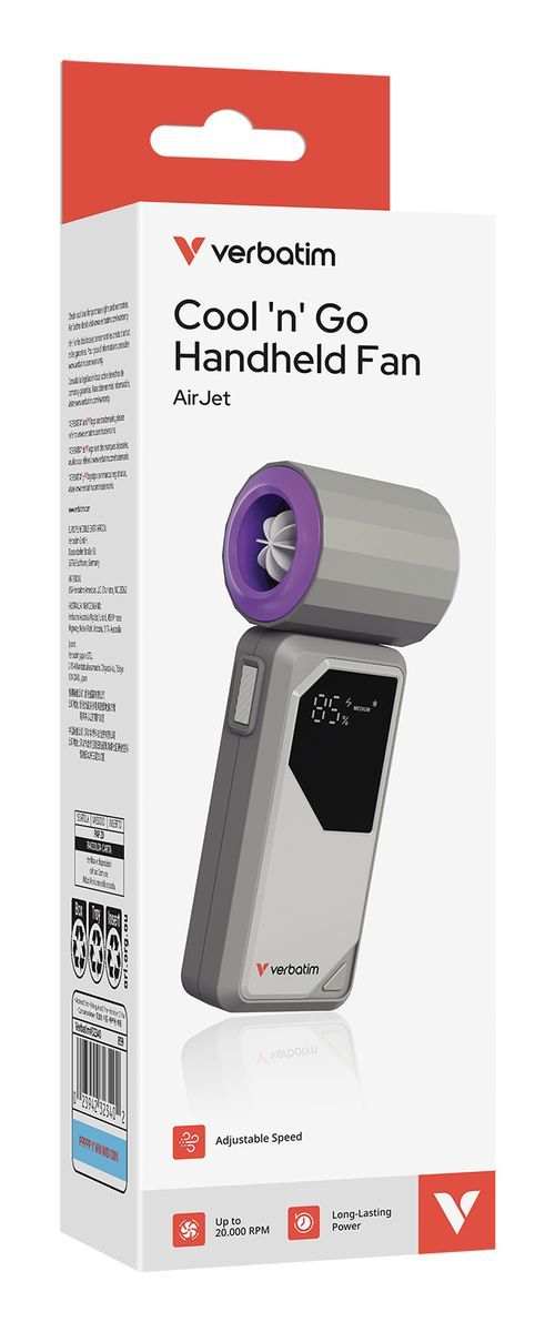VERBATIM COOLNGO AIRJET HANDHELD FAN GREY/PURPLE [32340]