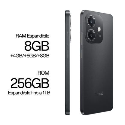 OPPO A40M Smartphone, Fotocamera AI 50MP, Selfie 5MP, Display 6.67 90HZ LCD HD+, 5100mAh, RAM 16 GB (8+8) + ROM 256GB, IP54, [Versione Italia], Sparkle Black [110010347676]