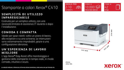 Xerox C410 A4 40 ppm Stampante fronte/retro PS3 PCL5e/6 2 vassoi 251 fogli [C410V_DN]