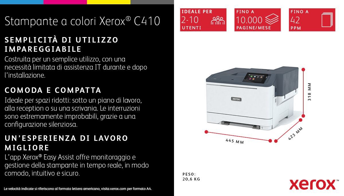 Xerox C410 A4 40 ppm Stampante fronte/retro PS3 PCL5e/6 2 vassoi 251 fogli [C410V_DN] - ITPartners